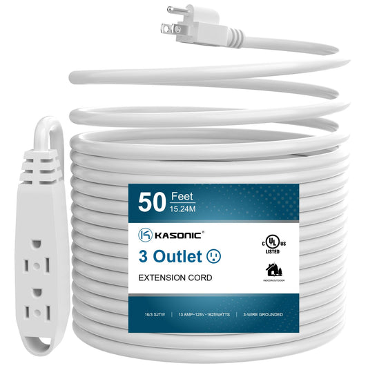 50-Feet 3 Outlet Extension Cord, Kasonic UL Listed, 16/3 SJTW 3-Wire Grounded, 13 Amp 125 V 1625 Watts, Multi-Outlet Indoor/Outdoor Use, White