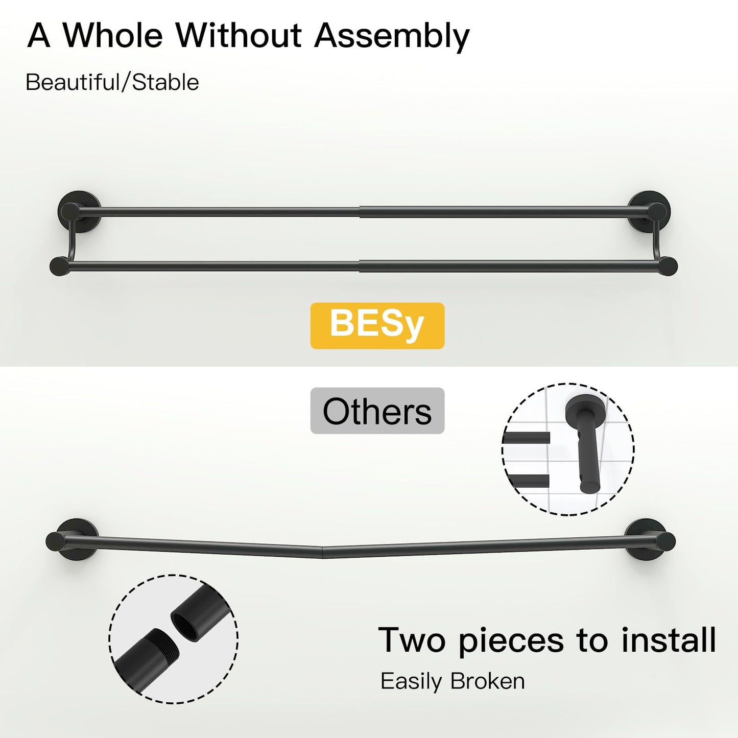 BESy Adjustable 16-26 Inches Double Towel Bar for Bathroom SUS304 Stainless Steel Towel Holder, Hotel Style Wall Mount with Screws Hand Towel Bar Towel Rack Rod Hanger, Matte Black Finish
