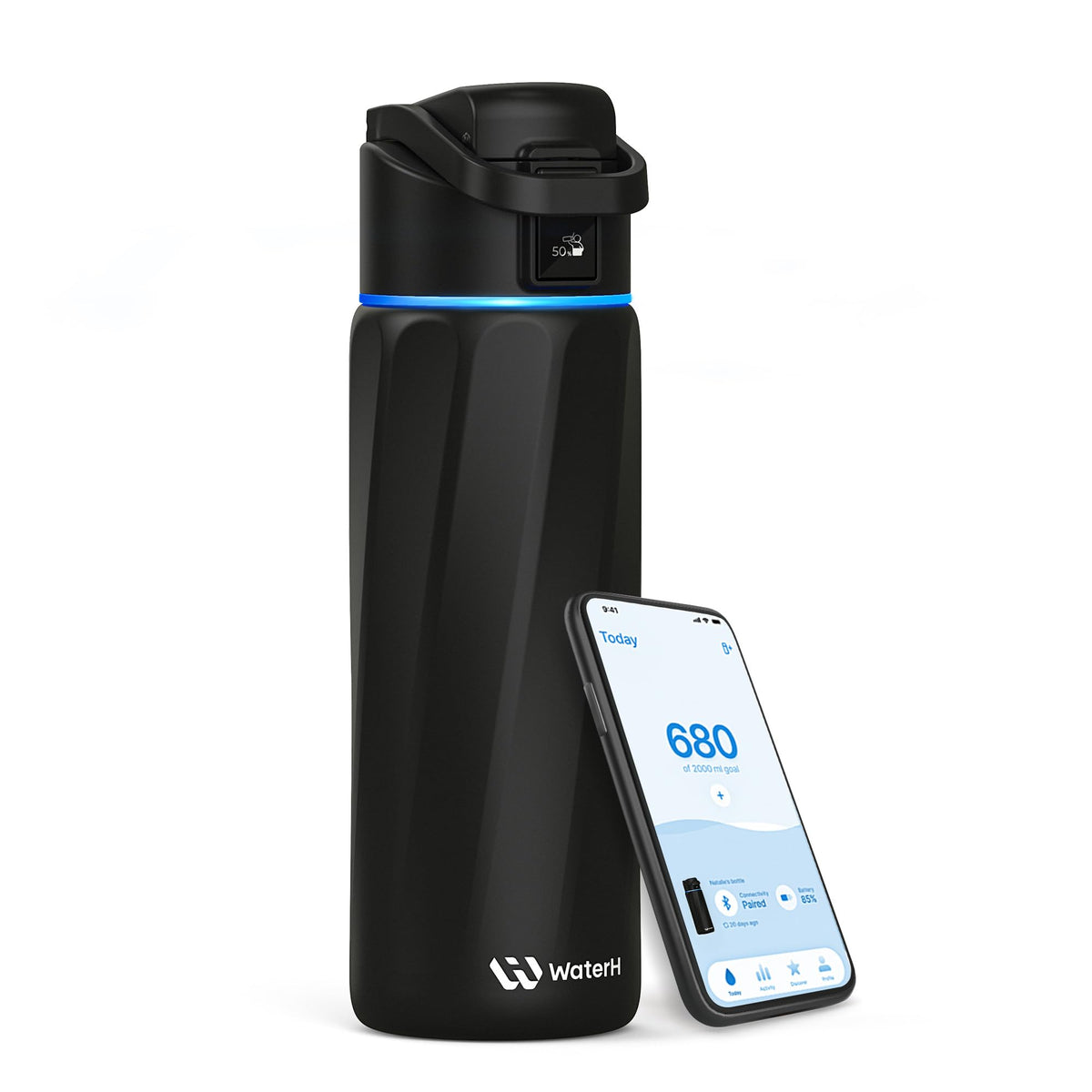 WATERH Boost Smart Water Bottle that Reminds You to Drink, BPA-Free Stainless Steel Vacuum Insulated Bottle, Wide Mouth Water Tracker Bottle with APP, Ideal for Father's Day, Black, 24 Ounces