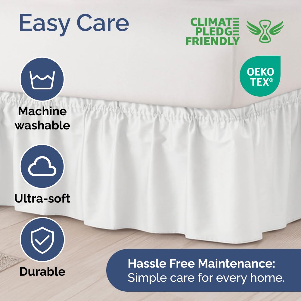 Wrap Around Dust Ruffle Bed Skirt - White - for Queen Size Beds with 12 Inch Drop - Easy Fit Elastic Strap - Adjustable Pleated Bedskirt w/Brushed Fabric - Wrinkle Free - for Women, Men, Kids & Teens