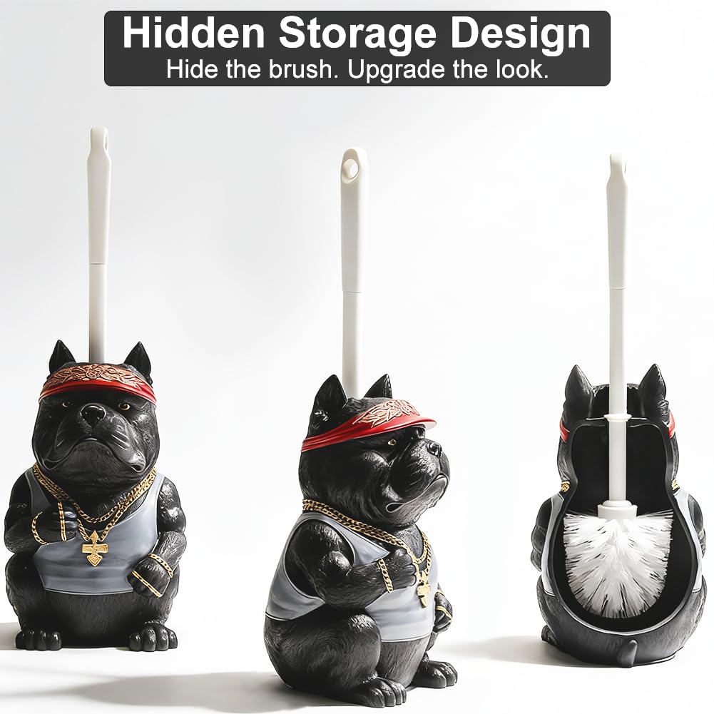 Home Luxe Bulldog Toilet Brush and Holder Set, Resin Decorative Dog Design, Weighted Non-Tip Base, Long Handle, Stiff PP Bristles (Hip-Hop Pup - Black)
