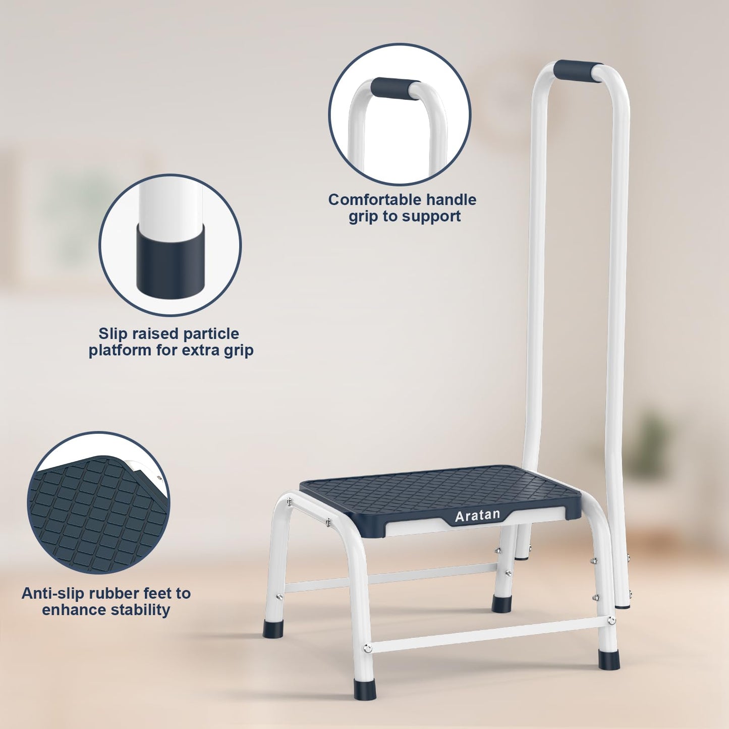 Step Stools with Handle, Stepping Stool for Adults Ederly Seniors Metal Stools with Handrail with Non-Slip Step Platform Metal Stepping Stool in Kitchen, Bathroom, Bedroom, 330 Lbs Capacity