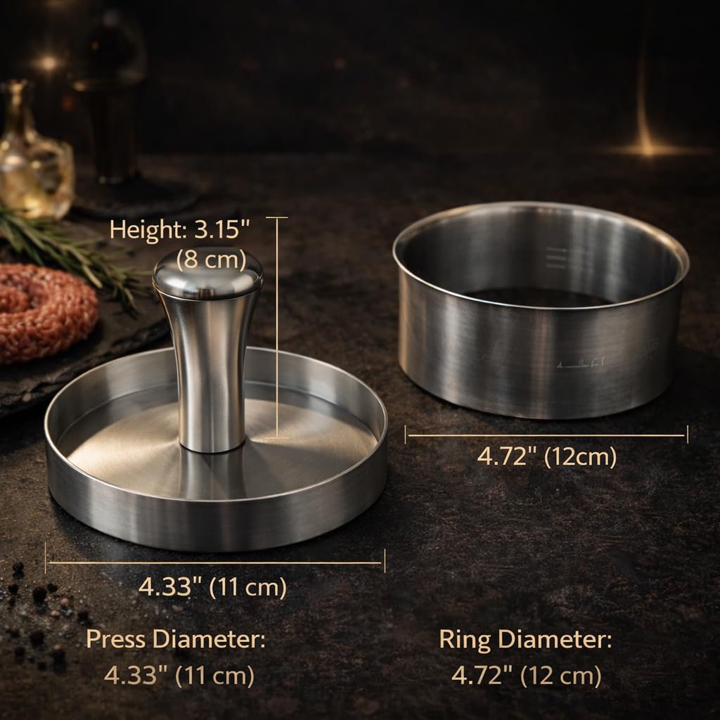Stainless Steel Burger Press & Meat Patty Maker, Heavy Duty One-Piece Design, Non-Stick Round Hamburger Press for Beef, Turkey & Veggie Patties
