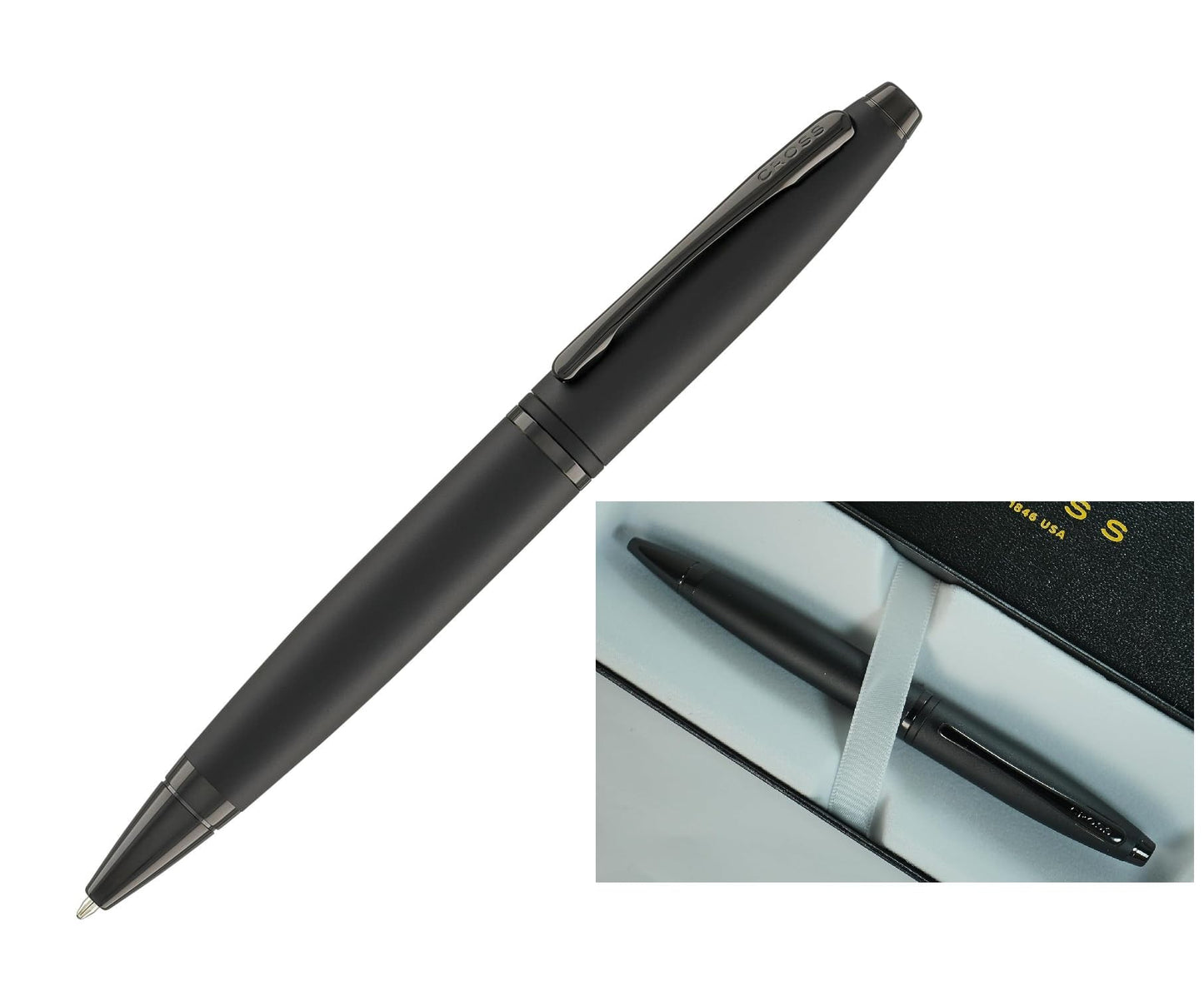 Cross Calais Refillable Ballpoint Pen signature mid band, Medium Point, Includes Gift Box - Matte Black Barrel and PVD Appointments.