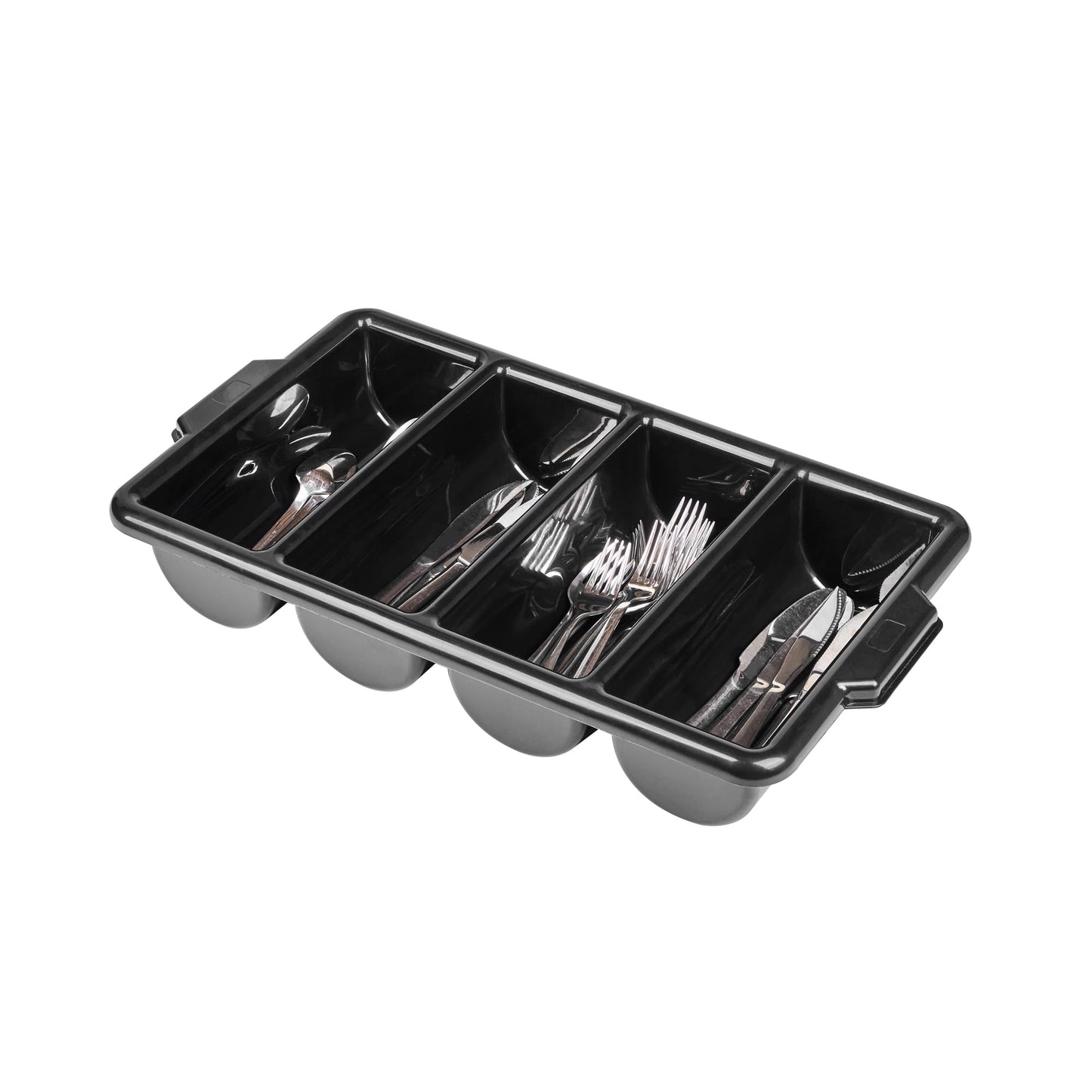 Restaurantware-21.9 x 14.2 x 3.5 Inch Silverware Organizer, 1 Crack-Resistant Cutlery Tray - 4 Compartments, Built-in Handles, Black Plastic Utensils Drawer Holder, for Kitchen Organization