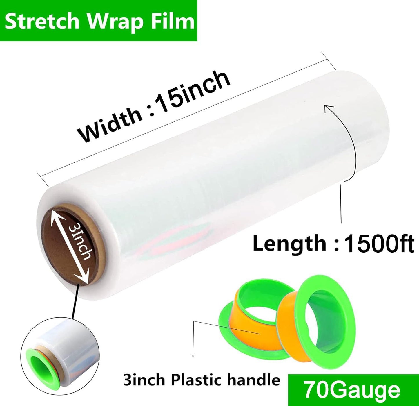 CHUANGSEED 2-Pack Clear Stretch Film Wrap15"x1500Ft 70Gauge Industrial Strength with Plastic Handle, Plastic Pallet Supplies Durable Self-Adhering for Packing, Moving, Heavy Duty Shrink Film Rolls