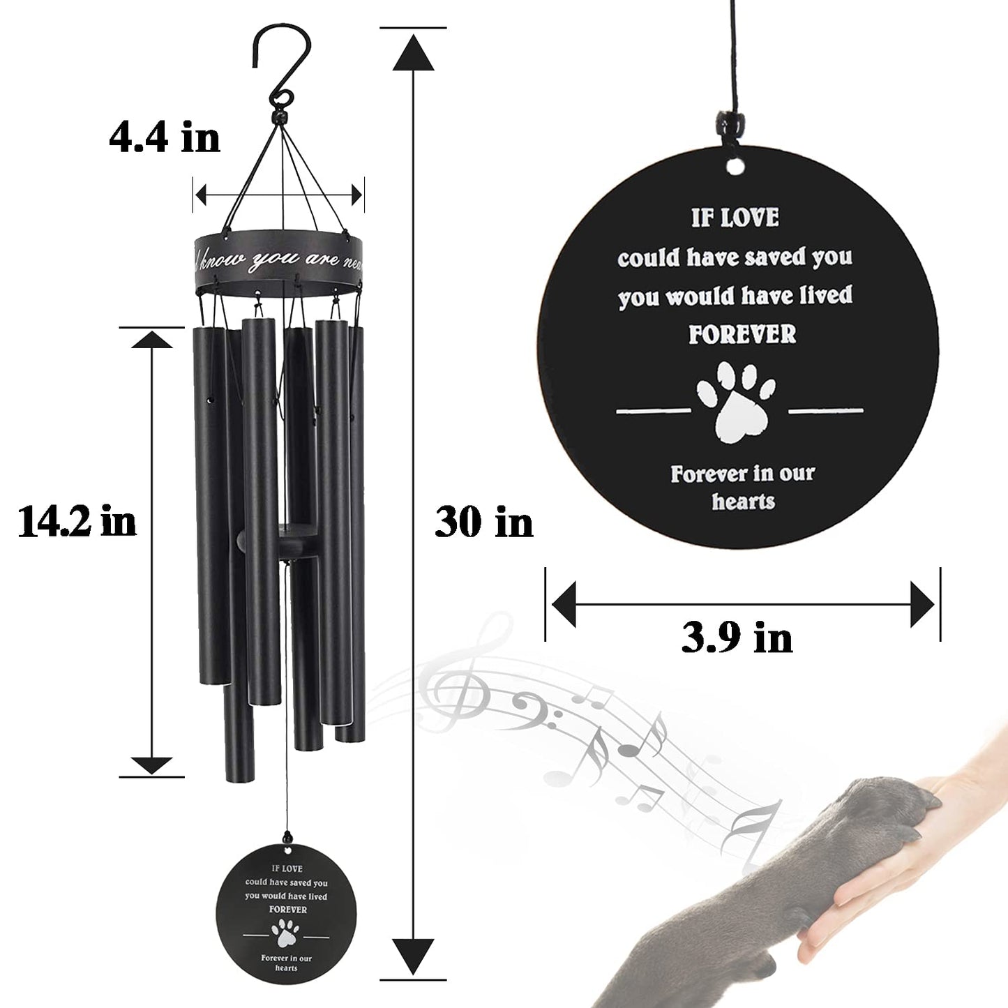 Pet Memorial Wind Chime, 30 Inches Paw Print Pet Remembrance Gift to Honor and Remember a Dog, Cat, or Other Pet, Premium Metal Wind Chime, Black