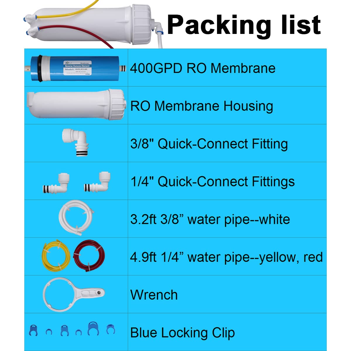Huining 3012-400GPD Reverse Osmosis Membrane Housing Kit with 3/8 1/4 Quick Connector,Water Pipe,Wrench Whole Set Compatible with Residential Household Water Filtration System