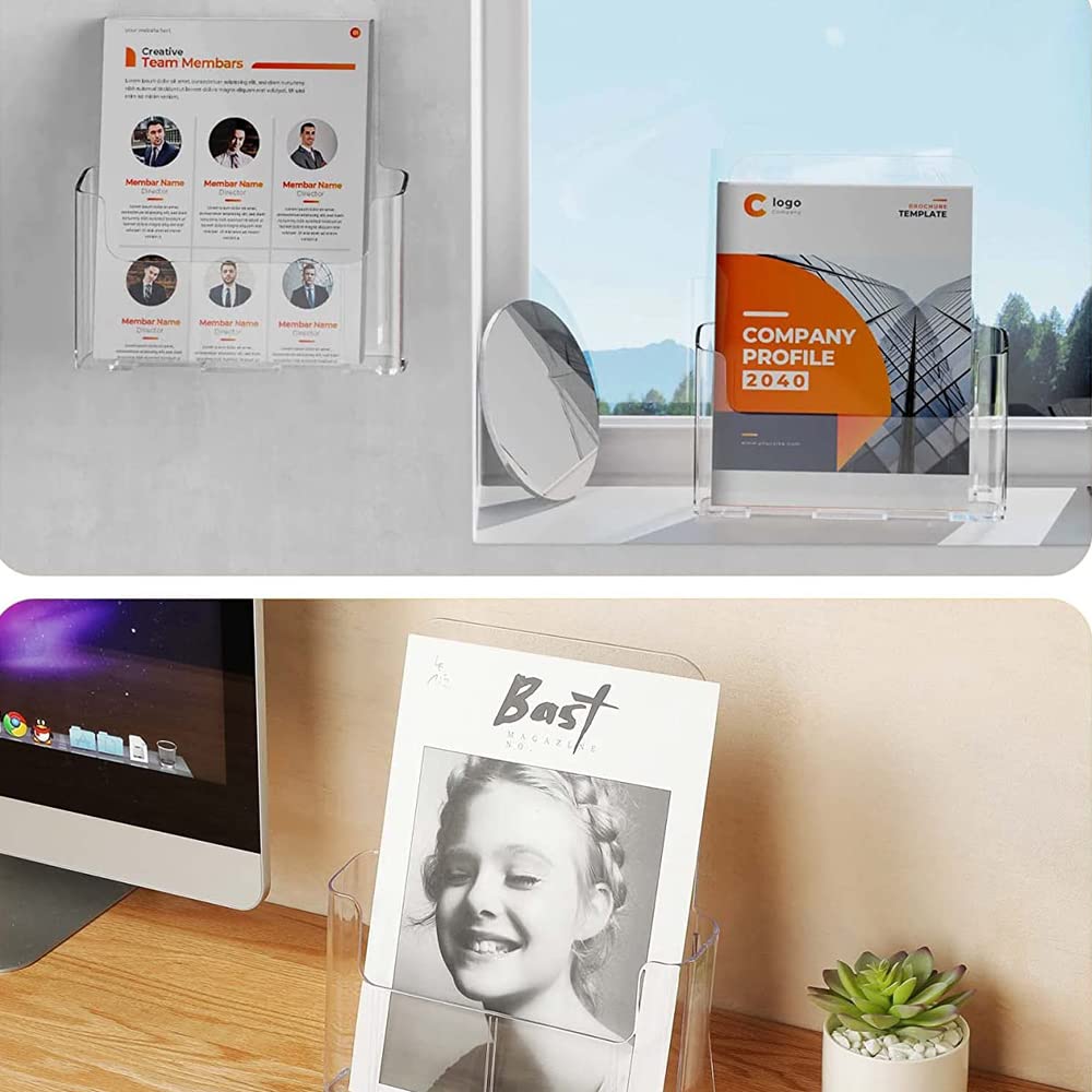 2 pack Acrylic Brochure Holder 9.25inch x 10.82inch Clear Booklet Display Stand for Desk or Wall Mount Plastic Countertop Organizer Literature Flyer Card Magazine Pamphlet Business Portable Menu