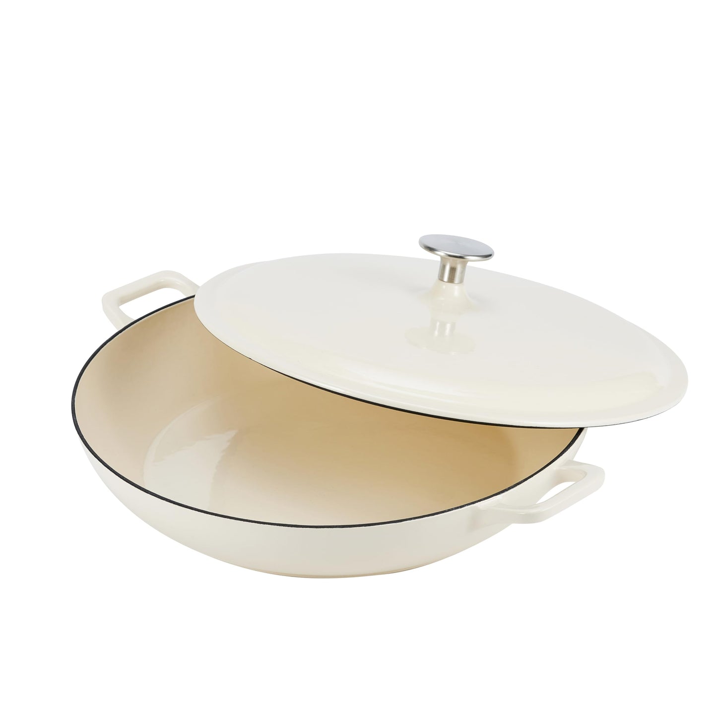 AmazonBasics Enameled Cast Iron Covered Casserole Skillet, 3.3-Quart, White