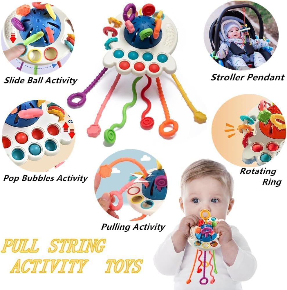 Baby Toys for 6 to12 Months, 5 in 1 Montessori Toys Set for Toddlers, Stacking Building Blocks Infant Toys,Pull String Baby Teething Toys Sensory Toys, Baby Gifts(Dinosaur Toys Car)
