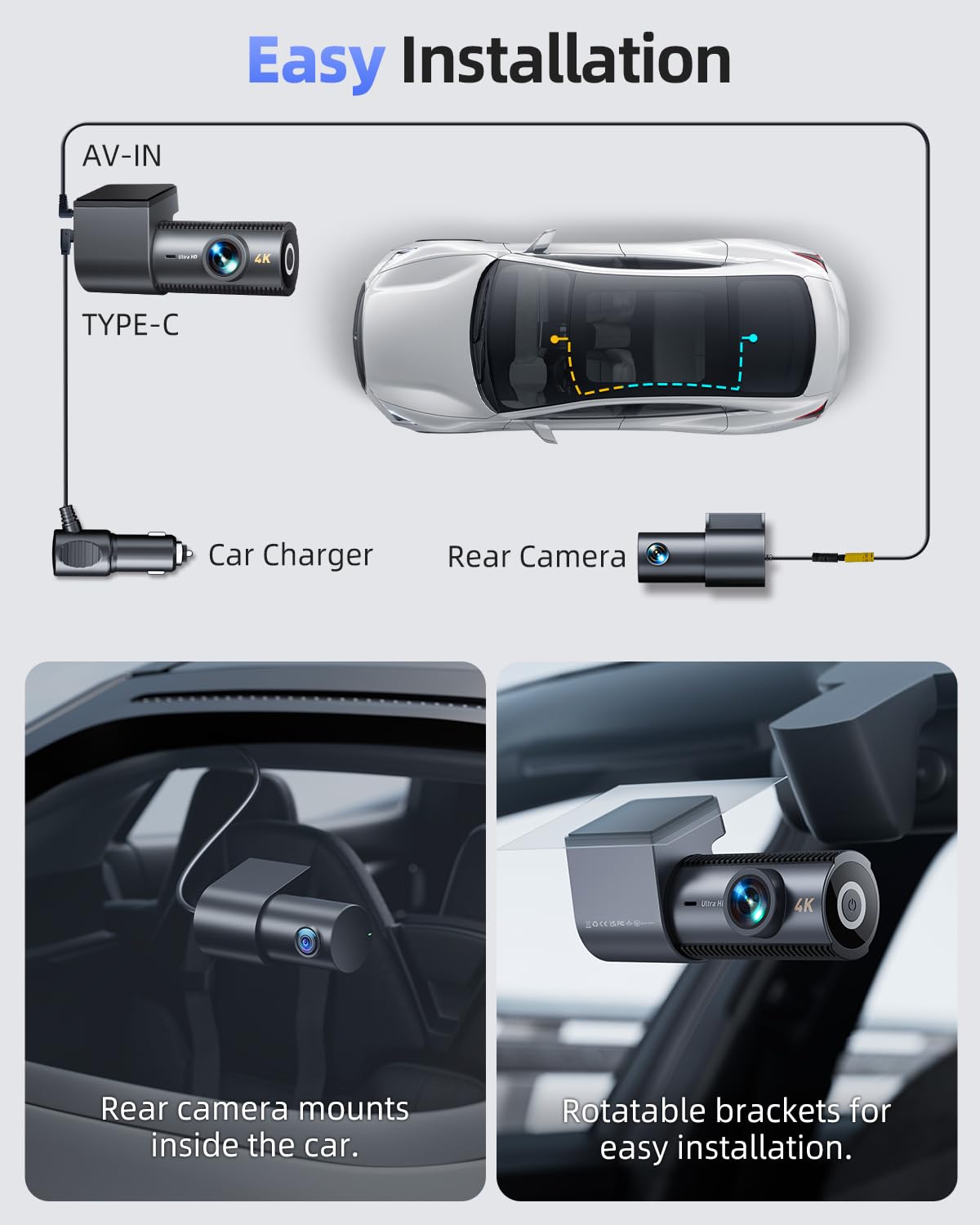 CIEVIE Dash Cam Front and Rear Camera, 5G WiFi & GPS & 64GB Card, 4K+1080P Dual Dash Camera for Cars, 1.5" Display Dashcam, Night Vision, 24H Parking Mode, G-Sensor, Loop Recording, WDR, 170° Angle