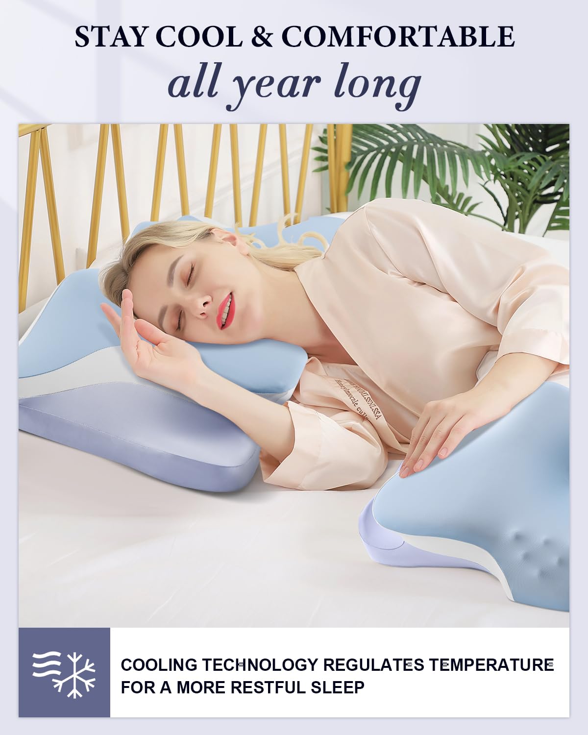 Cervical Pillow, Cooling Ergonomic Memory Foam Pillows for Sleeping with Luxury Anti-Pilling Pillowcase, Contour Deep Sleep Neck Support Pillow for Side Back Stomach Sleepers Queen Size (Blue)