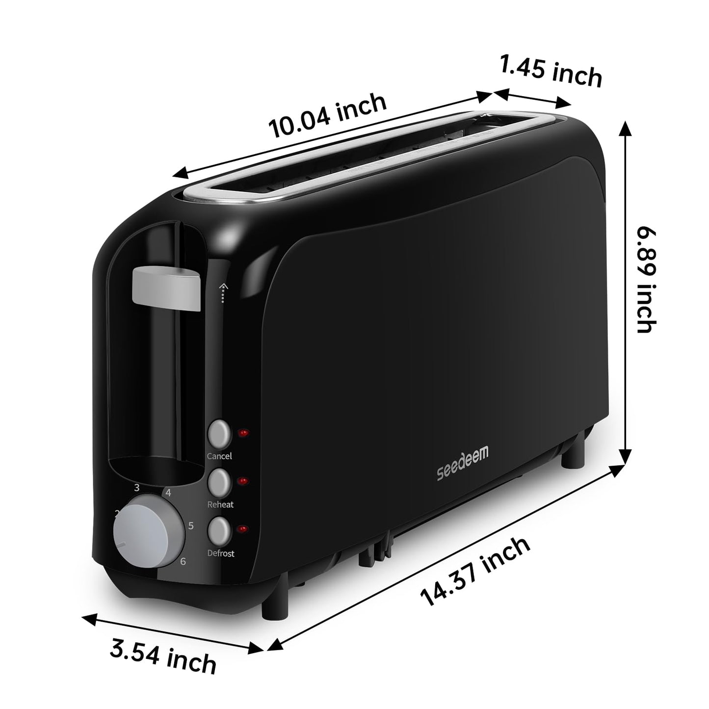 SEEDEEM 2 Slice Slim Toaster, Single 10" Long Slot Toaster Fits Bagels & Artisan Bread, 6 Shade Settings, Cancel/Reheat/Defrost, Removable Crumb Tray, Auto Shut-Off, Black