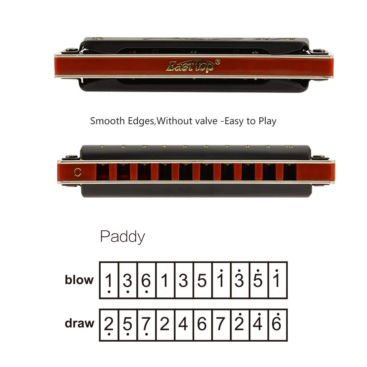 East top Harmonica Paddy D, Blues Harmonica Key of Paddy D 10 Hole 20 Tone Blues Mouth Organ Diatonic Harmonica Adult Musical Instrument for Professional Player, Beginner, Students (Black)
