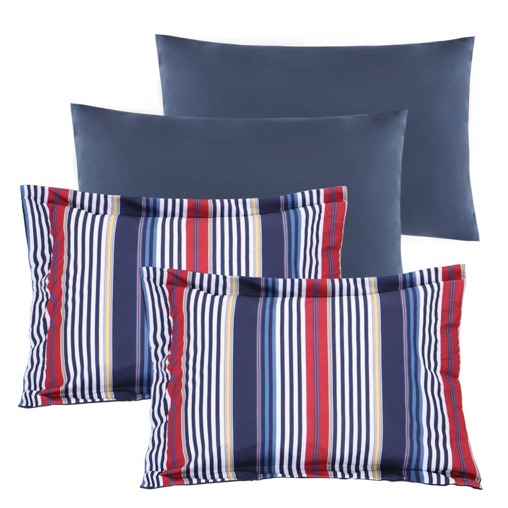 EMME Queen Bed in A Bag 7-Piece Bedding Comforter Set, Brushed Microfiber Down Alternative Comforter, Soft and Comfortable Stripe Bed Set (Full/Queen, Navy & Red Stripe)