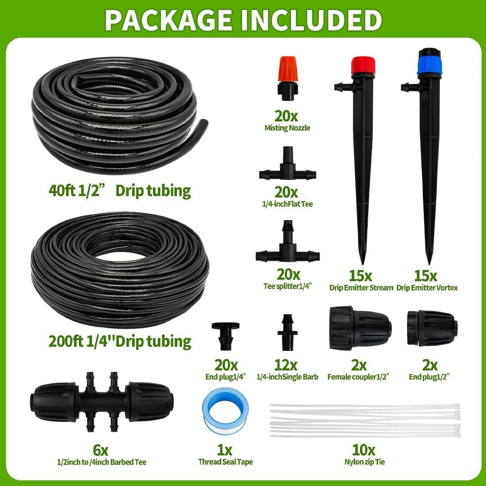 240FT Drip Irrigation System Kit,Automatic Drip Irrigation Kit with 1/2 inch Hose 1/4 inch Distribution Tubing and Accessories, Garden Watering Misting System for Greenhouse, Yard, Lawn, Plant
