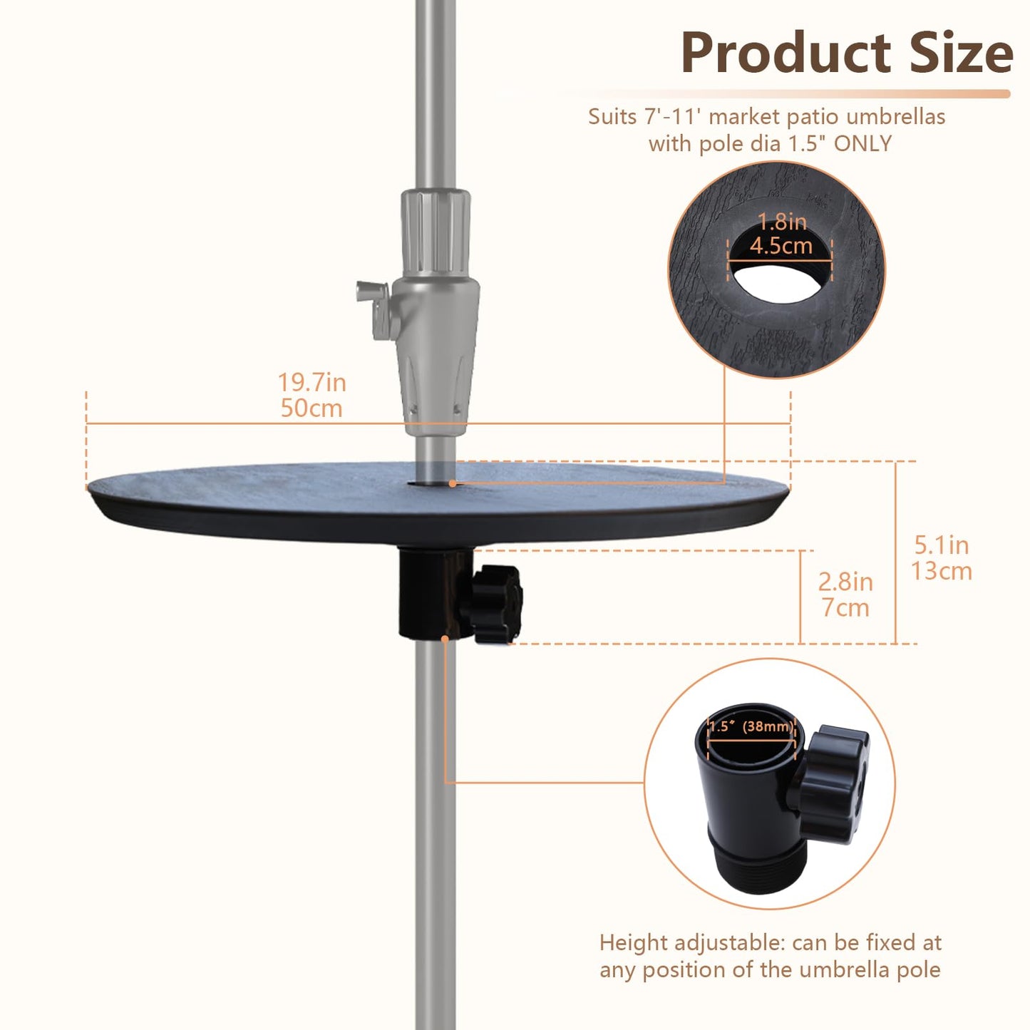 C-Hopetree 20" Patio Outdoor Umbrella Table Tray with 1.5" Hole, Small Round Top for Backyard, Pool, Beach, Deck, Garden, Black