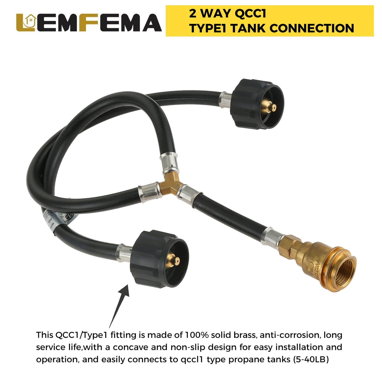 Lemfema Universal Y Type Splitter Propane Tank Converter Adapter Hose, Two Way Qcc1/Type1 Inlet & POL/QCC1 Exit Propane Hose to Connect 5-40lb Tank for Grill, Heater, Fire Pit, Fireplaces