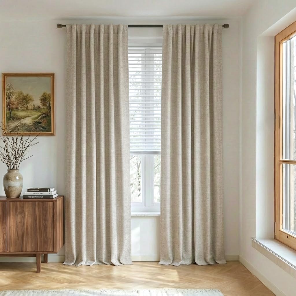 NICETOWN Natural 100% Blackout Linen Curtains 84 Inches Long, Thermal Insulated Farmhouse Thick Completely Blackout Window Treatment 2 Panels for Living Room, 52" Wide Each Panel