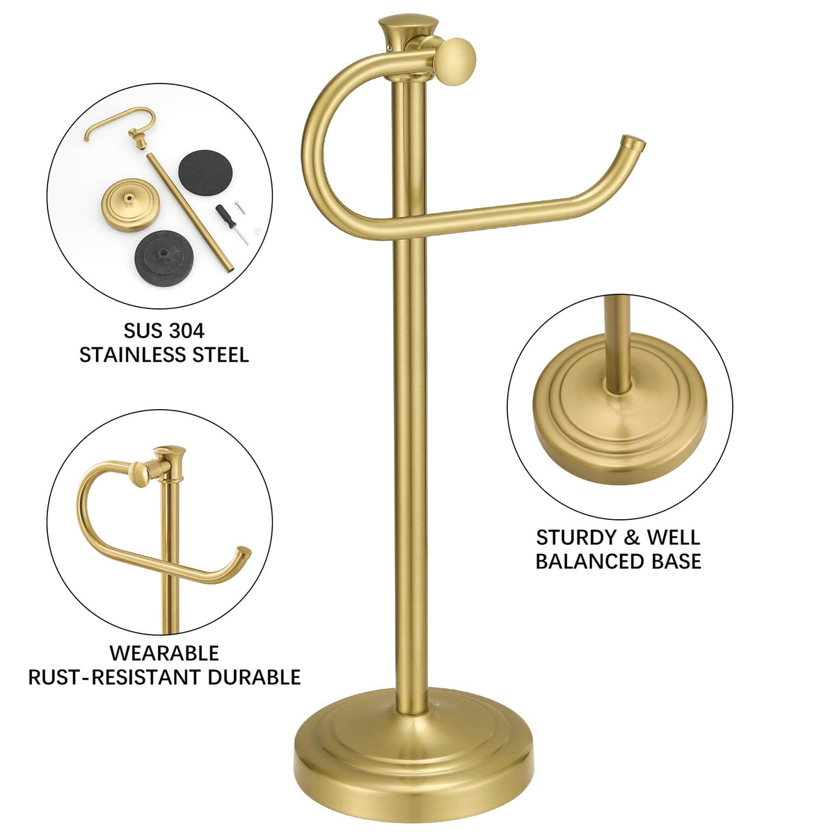 BESy 17 Inch Brushed Gold Stand Towel Bar Hanger Hand Towel Bar Bathroom Vanity Countertop Towel Holder Free Standing Stainless Steel Towel Ring Hardware Accessories Towel Rack