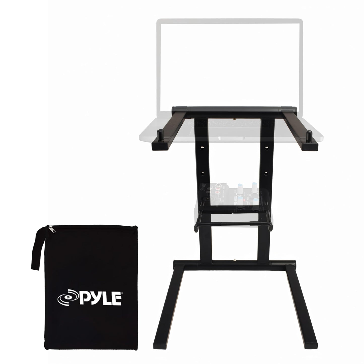 PYLE Laptop DJ Stand- Sturdy & Light Weight Standing Table w/ Foldable Height, & Secondary Accessory Tray, Securely Holds- DJ Mixer, Laptops, iPad, Tablet- Workstation, Gaming & Home Use- Includes Bag
