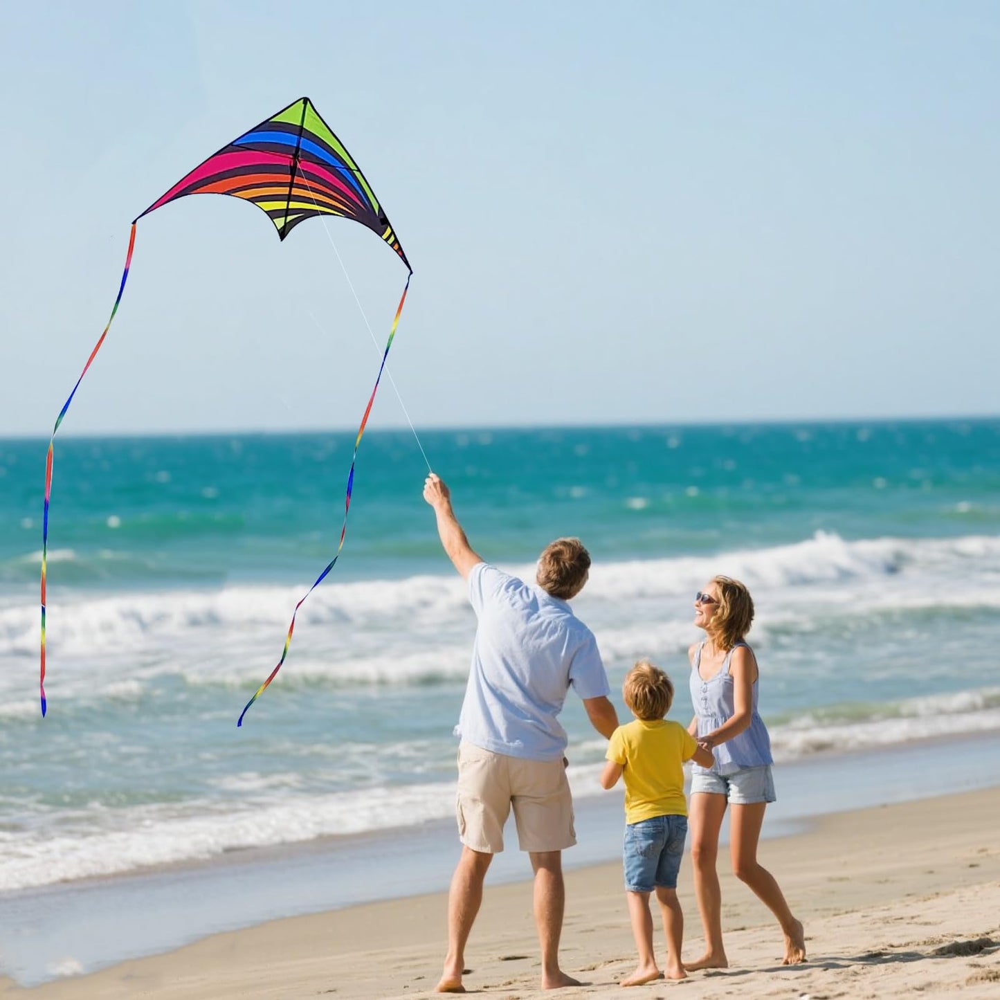 3 Pack Delta Kites Set for Kids & Adults, Easy to Fly Large Beach Kites Pack for Boys and Girls, 300ft Kite String Included, Perfect for Outdoor Activities (Green, Blue & Rainbow)