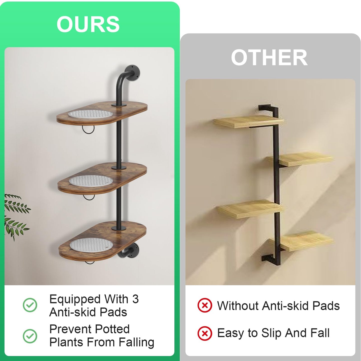 VyGrow Rotating Window Plant Shelves with 3 Anti-slip Mats, 3 Tier Plant Stand Indoor Outdoor, Wooden Window Plant Shelf with 3 Circle Hooks, Hanging Plant Holder for Window, Potted Plants, Flowerpots (Antique Color)