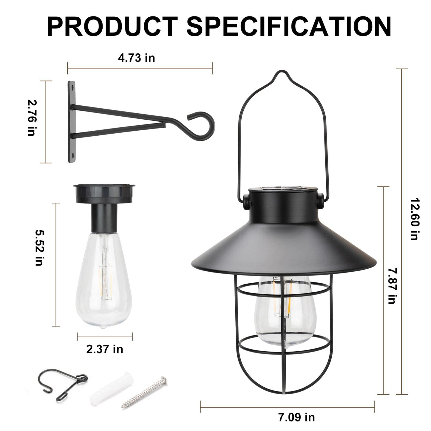 pearlstar Solar Lanterns Hanging Lights Waterproof Solar Lanterns Outdoor Metal Solar Powered for Wall Yard Garden Patio Garage Balcony Porch Fence Decor, Warm White Edison Bulb（Black-2pack）