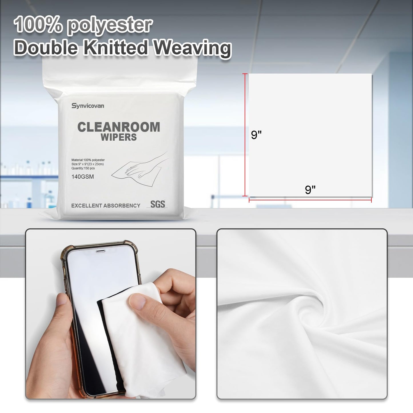 Synvicovan Cleanroom Wipers 9"x9"(150 Pcs, 100% Polyester, Class 100, 140GSM) Double Knit 100% Lint Free Cloths with Ultra-fine Filaments, Laser Sealed Edge Ultra-Soft Wipers