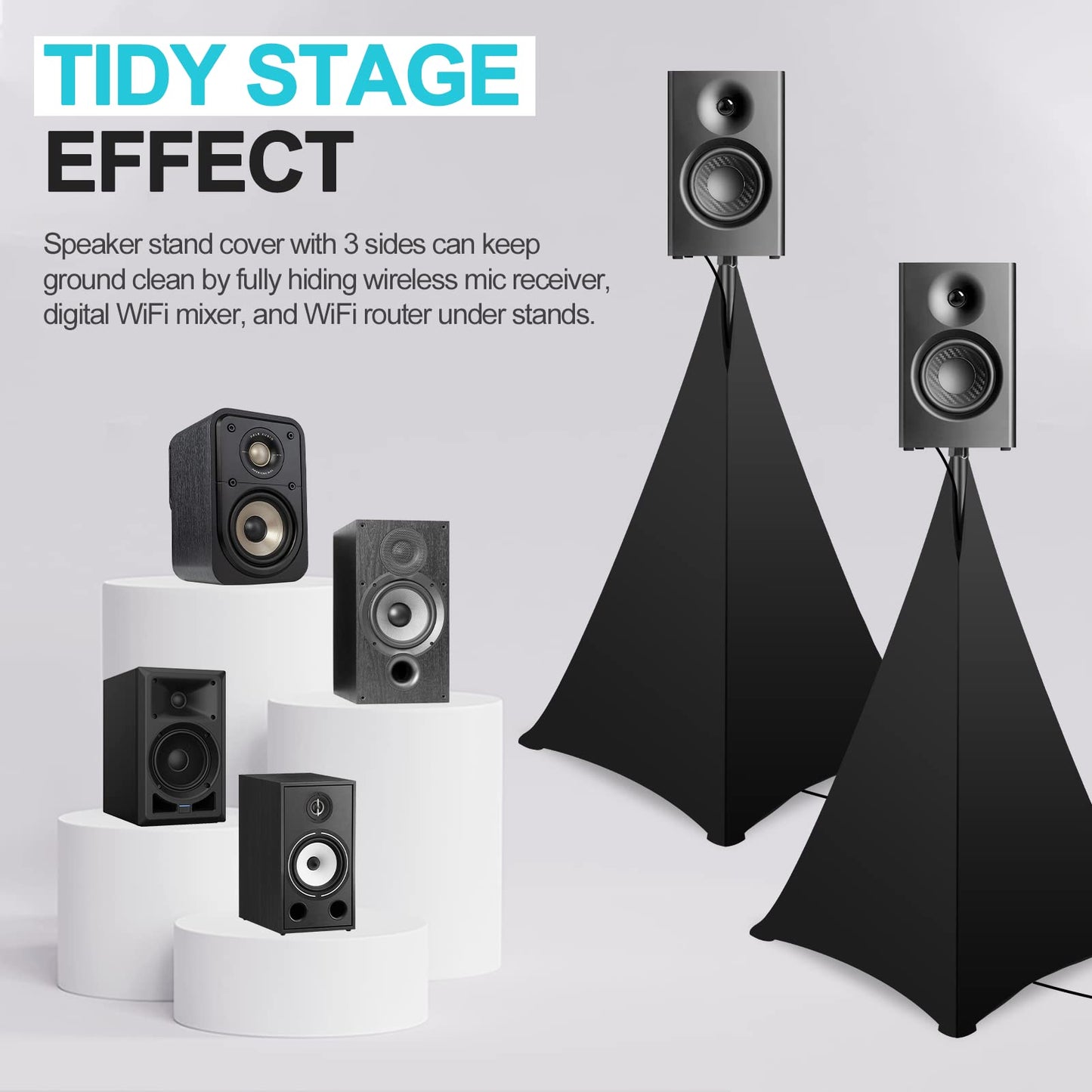 OUKMIC DJ Speaker Stand Cover Black, 360 Degree Tripod Skirt with Storage Bag for Stage Gig, Wedding and Banquet Event - 2 Pack