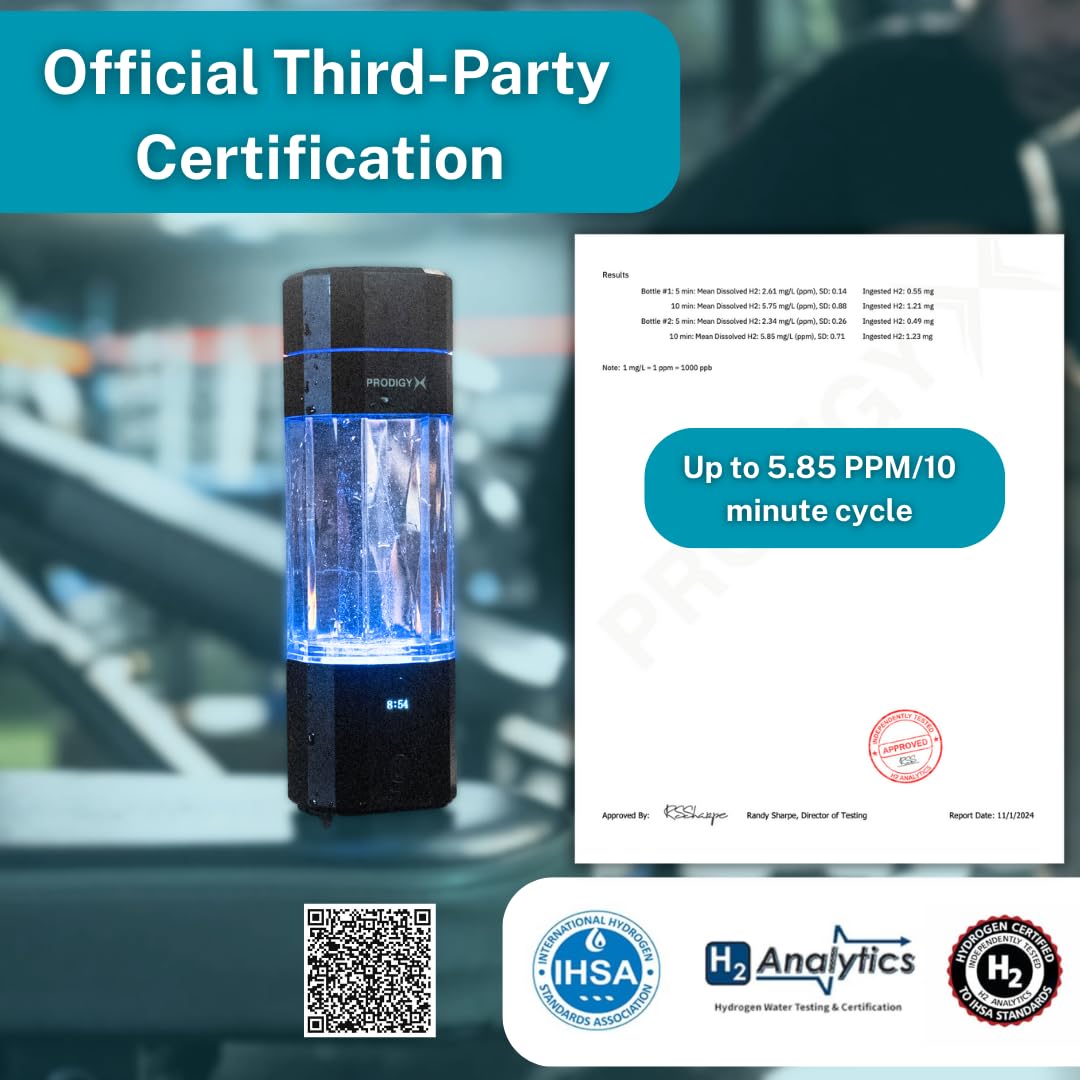 PRODIGY X Hydrogen Water Bottle - Up to 5.8PPM Potency - 210ML for Fast Consumption - Portable Hydrogen Generator - Thick Bottle - Water Molecular Ionizer - Premium Bottle AUS Owned (Black)
