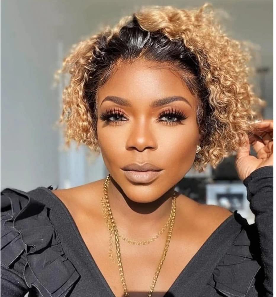Fereowth Ombre Short Curly Lace Front Wigs Human Hair Wig for Women Brown 1B/27 Pixie Cut Wigs Human Hair Short Curly Human Hair Wig Pre Plucked with Baby Hair 150% Density