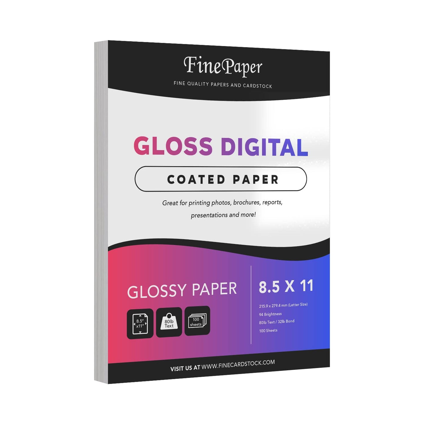Gloss Digital Paper – Perfect for Color Laser Printing, Design Proposals, Flyers, Brochures | 8.5 x 11” Letter Size | 80lb Text (32lb Bond) | 94 Bright | Acid Free, Glossy Coated Finish | 100 Sheets