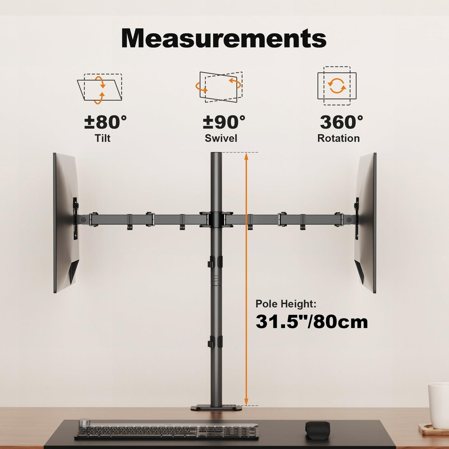 Suptek Dual LED LCD Monitor Stand up Desk Mount Extra Tall 31.5" Pole Heavy Duty Fully Adjustable Stand for 2 / Two Screens up to 27 inch (MD6842)