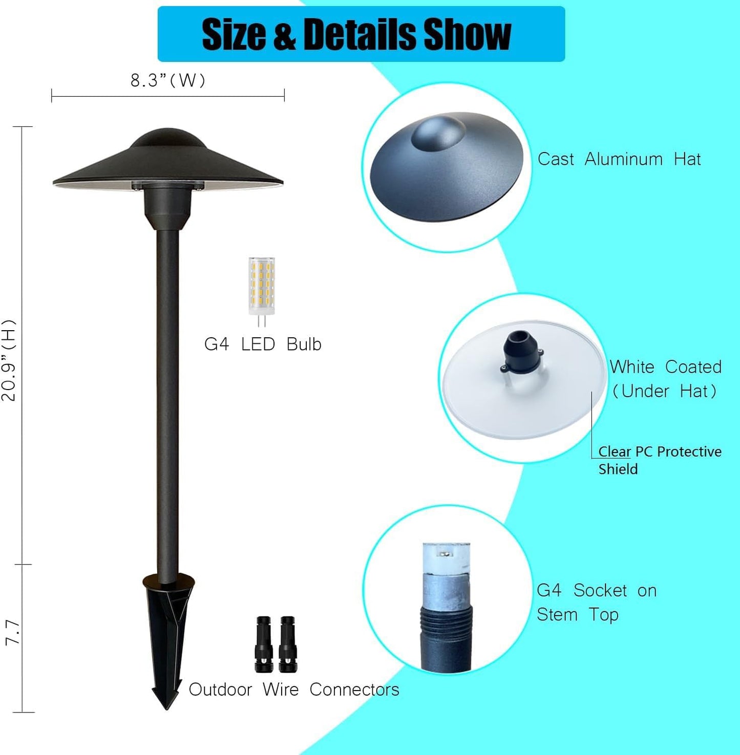 Muguski Low Voltage Pathway Lights,Cast Aluminum Landscape Lighting Path Light Garden Driveway Walkway Lighting 12-24V Replaceable G4 LED Bulb Wire Connectors Included 2-Pack Black Finish Round Hat
