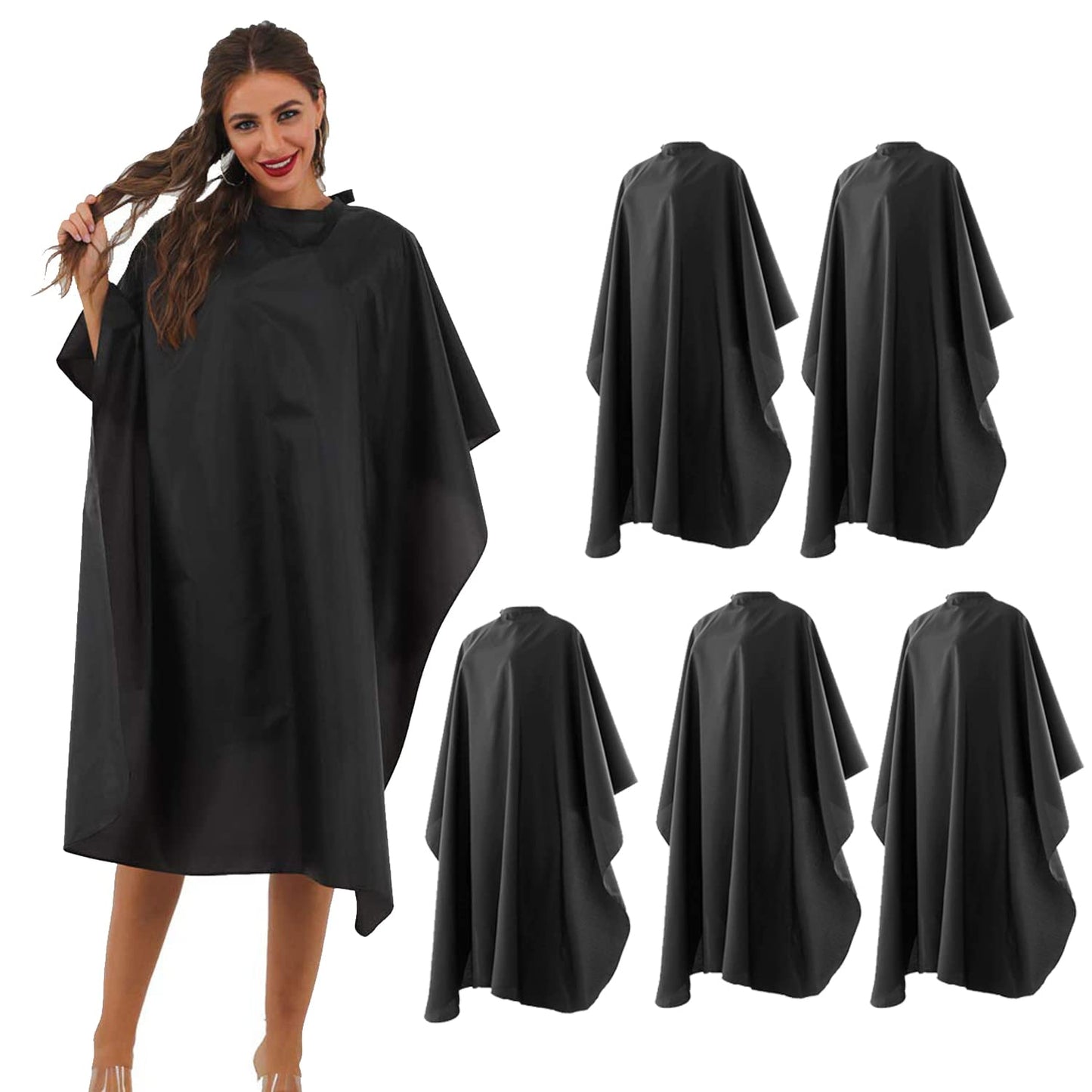 BSFHH Black Professional Nylon Waterproof Hair Cutting Cape With Snap Closure, 59" x 47" Hairdressing Cape for Haircut, Coloring, Makeup, Styling (5 Pack)