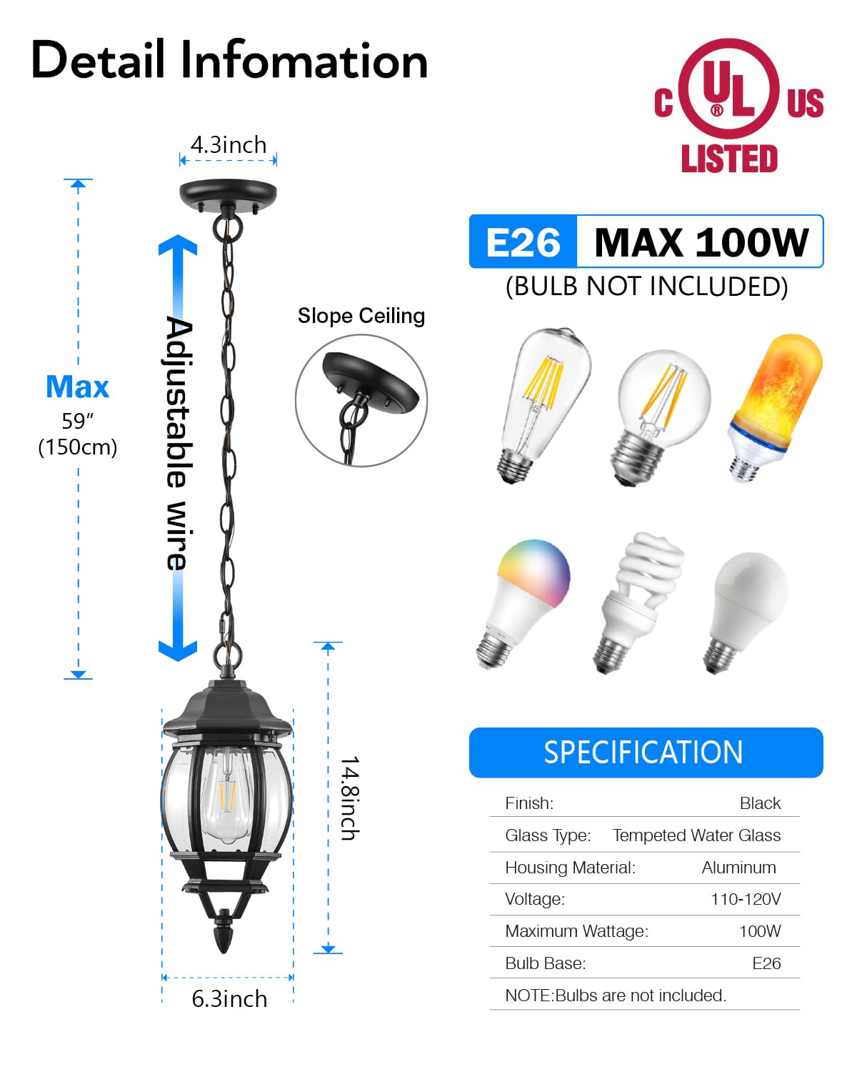 VIANIS Black Outdoor Chandelier, Aluminum Hanging Outdoor Lights with Waterproof, Outdoor Ceiling Lights for Porch Sconce Anti-Rust, Adjustable Outdoor Pendant Light Lantern for House, Door