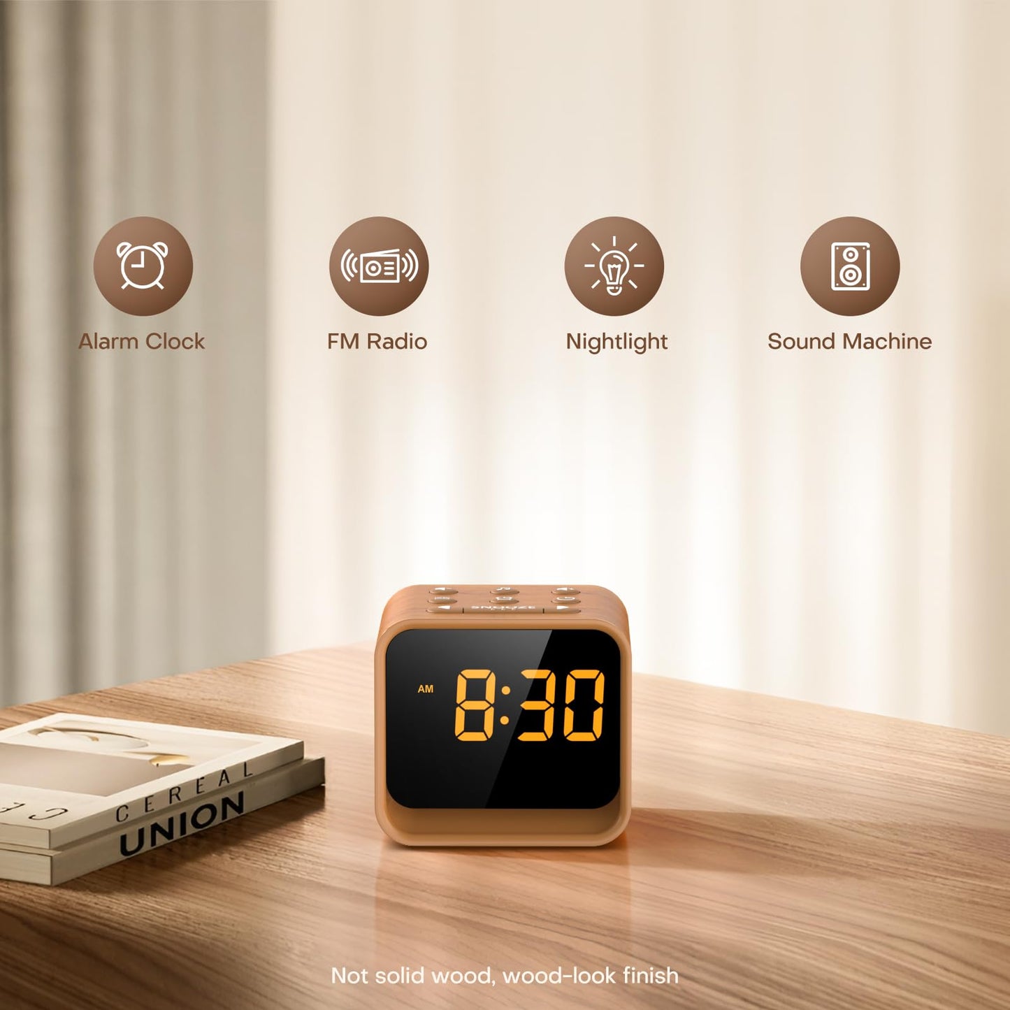 REACHER Digital Alarm Clock Radio for Bedrooms with Sleep Sound Machine, 7 Color Night Light, 0-100% Dimmer, Snooze, FM Radio with Auto-Off Timer for Bedside