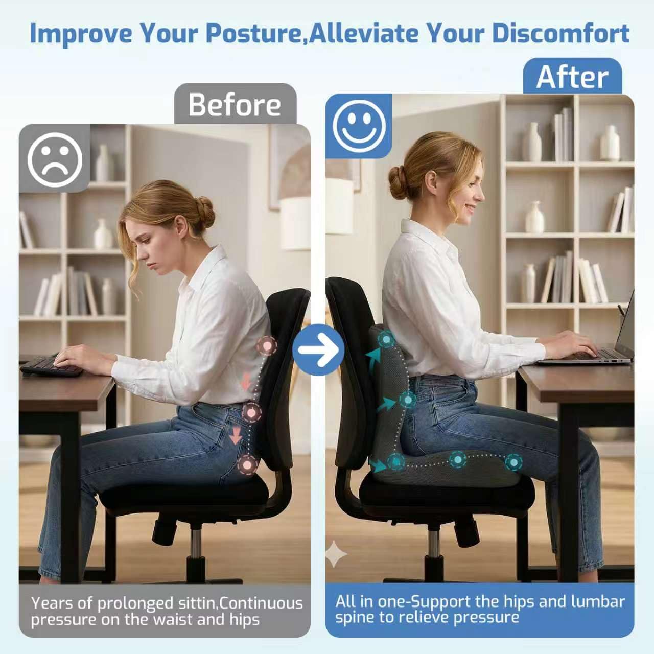 Ergonomic Seat Cushion,Memory Foam Cushion for Office Chair,Non Slip Car Seat Cushion,Designed for Long Sitting,Tailbone,Back Pain Relief,for Office,Home,Car Drivers,Desk Chair