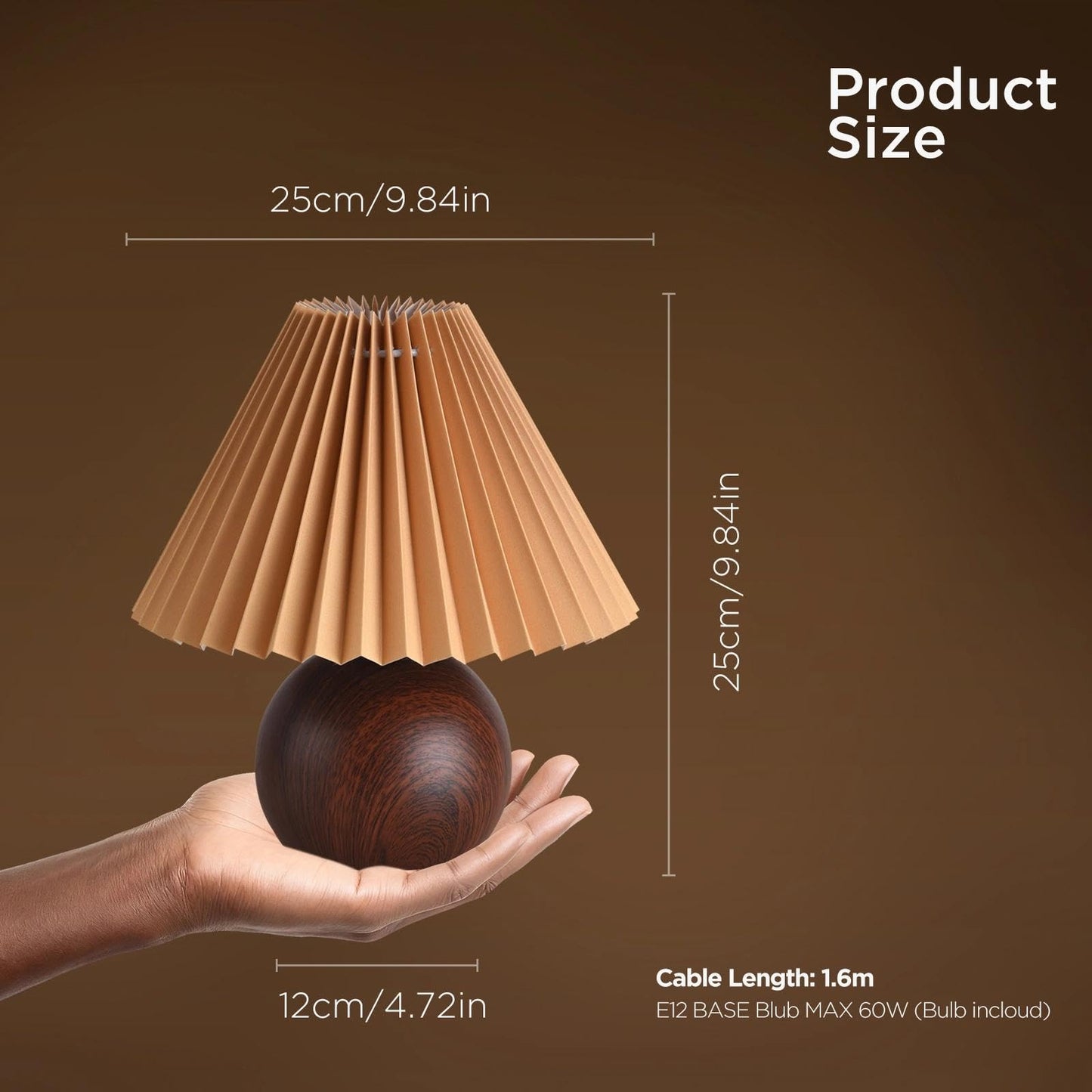 KUNJOULAM Small Pleated Table Lamp, Modern Bedside Nightstand Lamp with Coffee Lampshade, Metal Base Cute Lamp for Bedroom Living Room Home Office Decor E12 Bulb