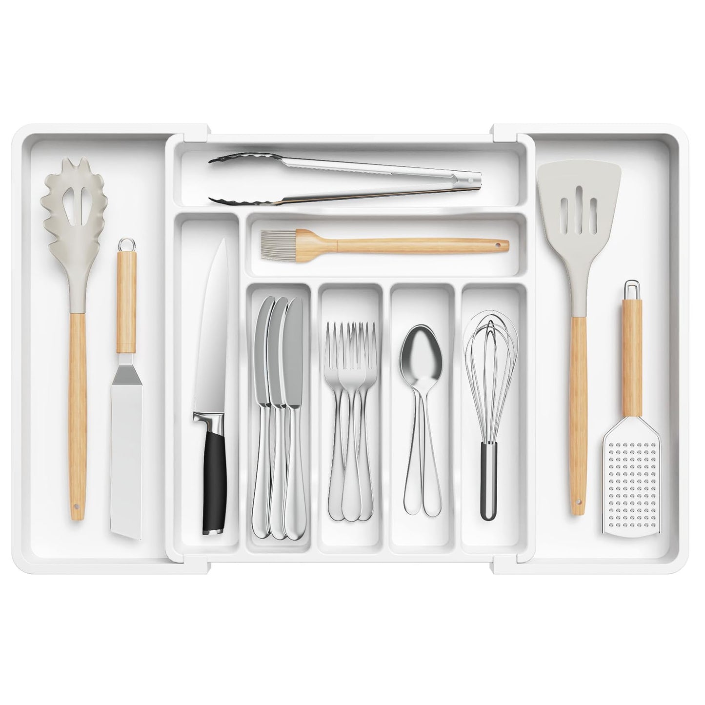 Lifewit Silverware Drawer Organizer, Expandable Utensil Organizer for Kitchen Drawers, Adjustable Cutlery and Flatware Tray, Plastic Spoons Forks Knives Holder Storage Dividers, Large, White