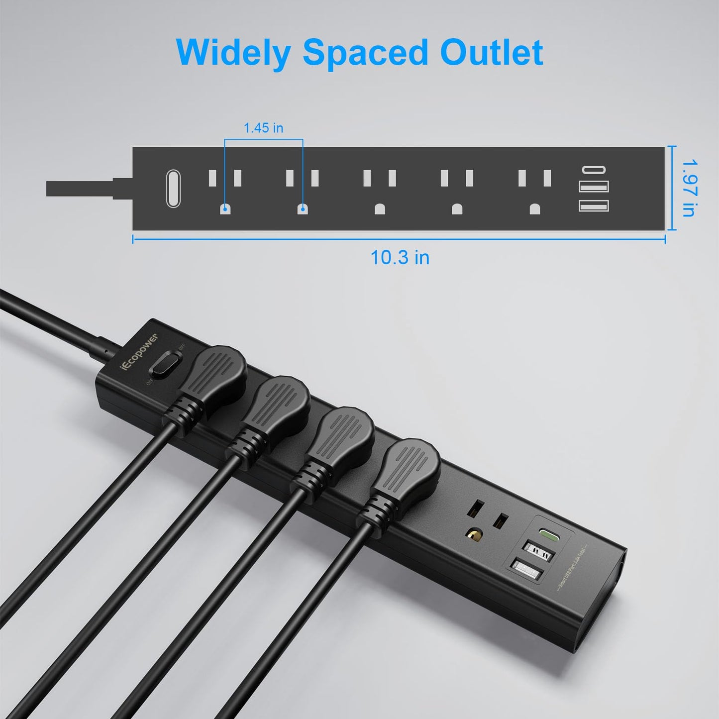 10FT Extension Cord Power Bar -Surge Protector Power bar with 5 Widely Outlets and 3 USB Ports(1 USB C Port),Flat Plug Extension Cord(1250W/10A),Wall Mount for Home Office,700 J(2 Pack)