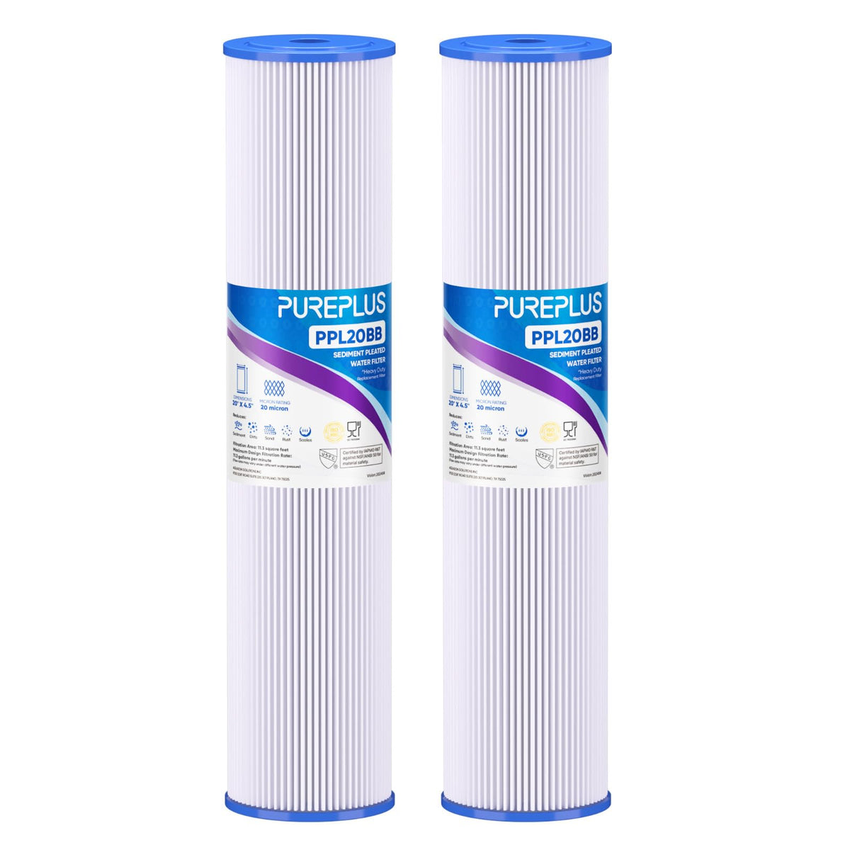 PUREPLUS 20" x 4.5" Whole House Pleated Sediment Filter for Well Water, Replacement Cartridge for ECP5-BB, AP810-2, HDC3001, SPC-45-1005, CP5-BB, ECP1-20BB, 2Pack