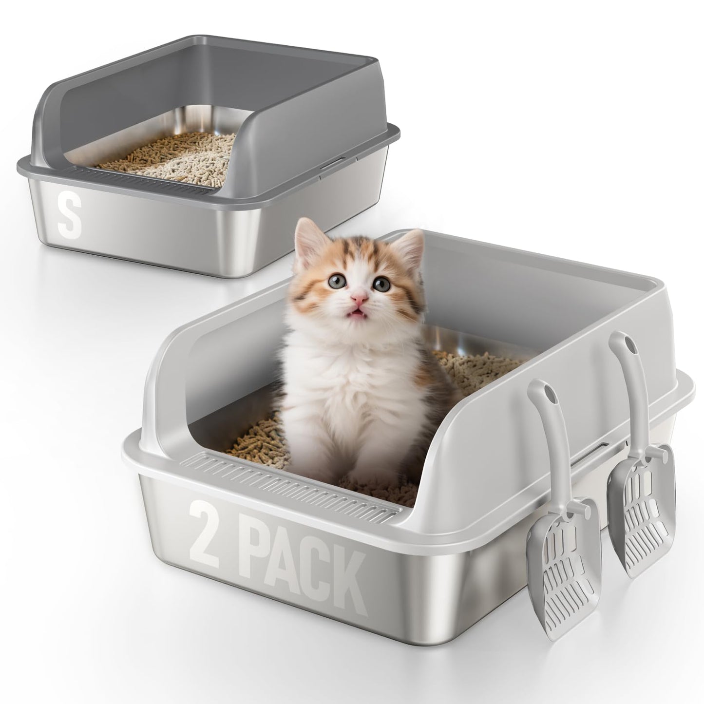Fusblom 2 Pack Stainless Steel Cat Litter Box with Scoops, Non-Stick Easy Clean Metal Litter Box with Lid, Anti-Leakage Semi-Enclosed for Kittens/Multi-Cats, Medium-Dark Grey & Light Grey