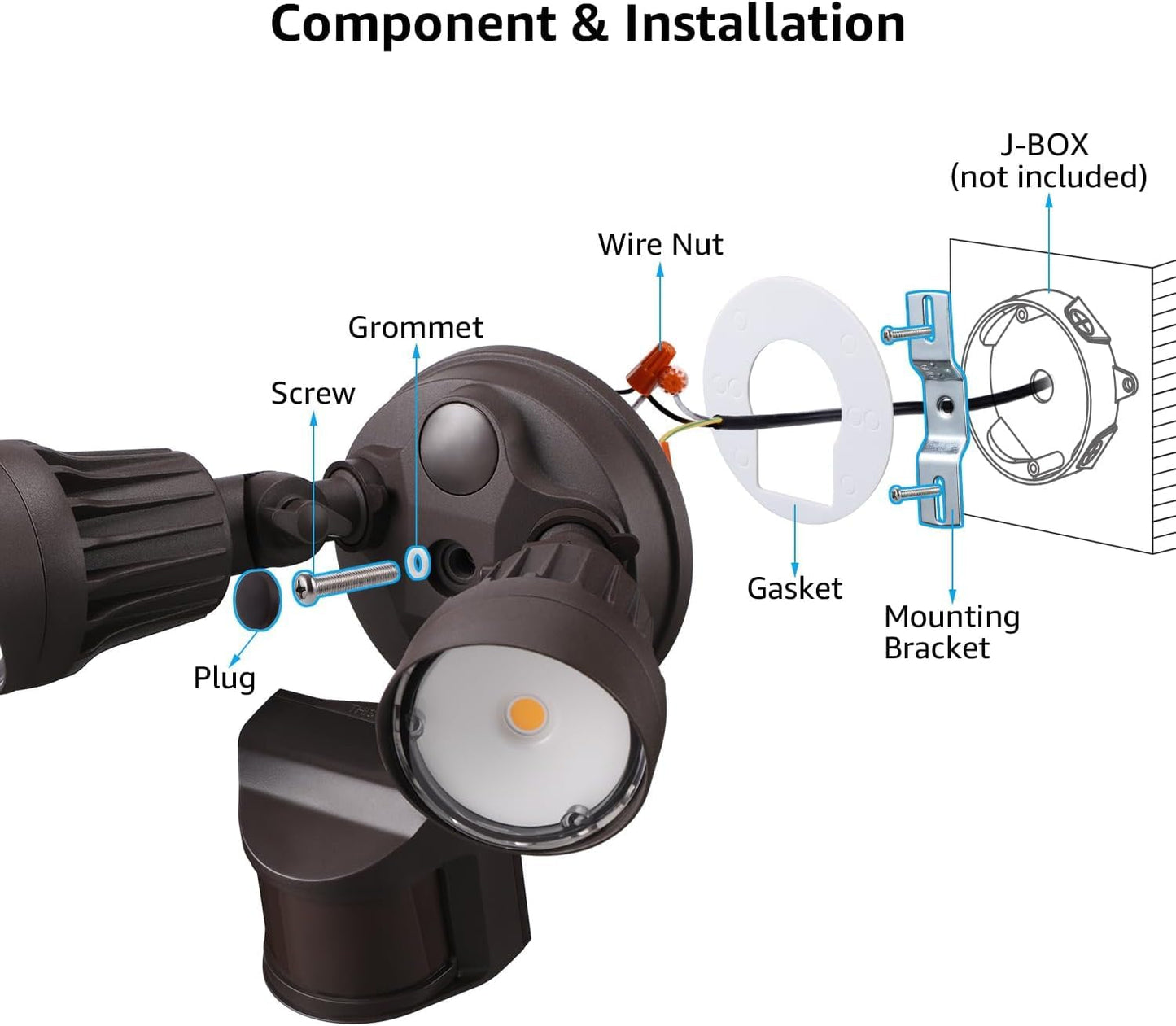Arclite 20W Dual-Head LED Outdoor Security Light, Motion Sensor, 3 Work Modes, 120W Halogen Equivalent, 5000K Daylight, 1800 Lumens Floodlight, for Entryways, Patios, Decks, Stairs (Brown)