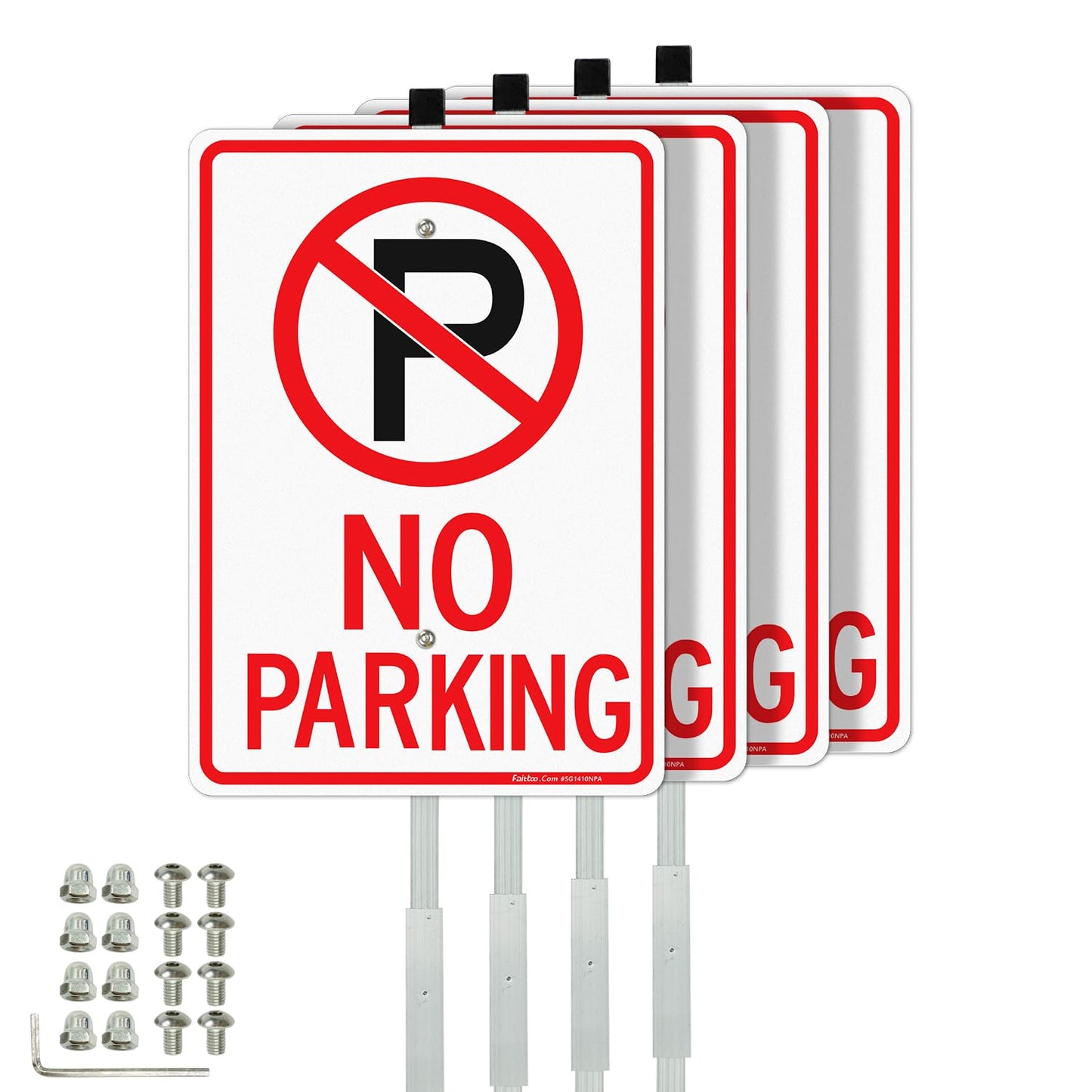 Faittoo No Parking Signs with 36" Stake for Outside, 4-Pack 14"x10" Rust Free Heavy Aluminum, Reflective, Fade Resistant, 2 pre-drilled holes, Includes Matching Screws & Wrench, Easy to Mount