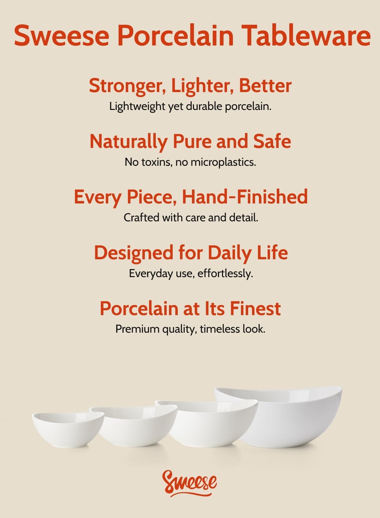 Sweese 105.101 Porcelain Bowls 10-18-28-42 Ounce Various Size Bowl Set - Set of 4, White