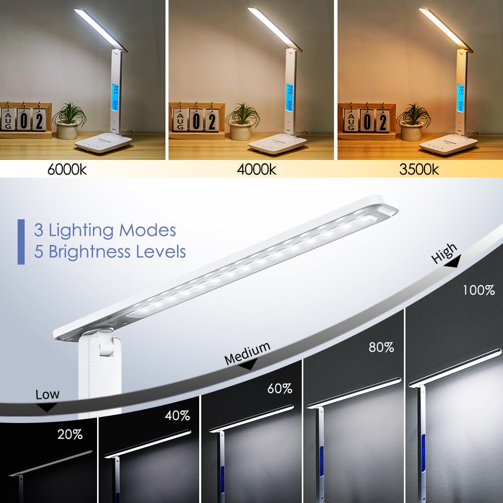 wanjiaone Multifunctional LED Desk Lamp with Wireless Charger,USB Charging Port,Clock,Phone Holder,Desk Lamps for Home Office,Eye-Caring Reading Lamp,Study Lamp for Boys,Girls,Teens (White-tx26)