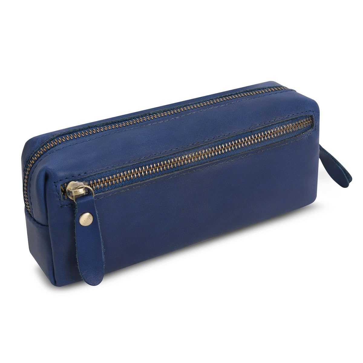 Wonderpool Pen Case Real Leather Pencil Pouch Markers Holder Big Capacity Bag with Side Zippered Pocket Sleeve for Stationery Makeup Utensils Tool Organizer (Blue)